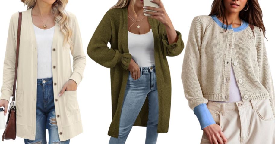 three women wearing GRECERELLE Women's Lightweight Long Sleeve Cardigan, KIRUNDO Long Cardigan, and UNCLECAT Women's Cropped Cardigan Sweater