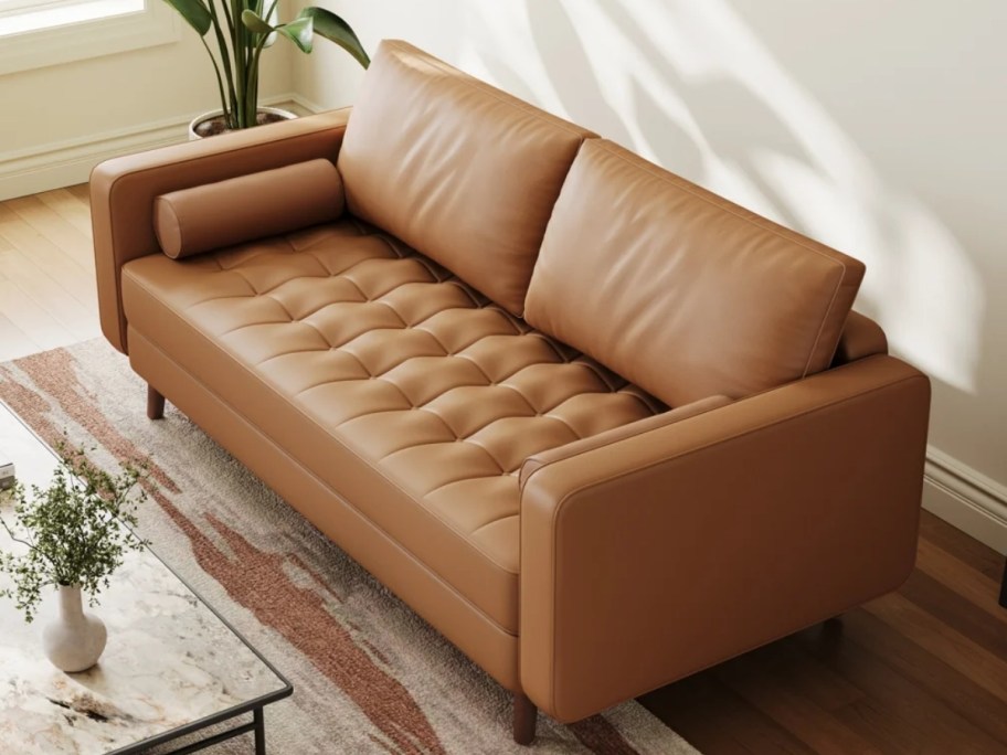 tan leather sofa