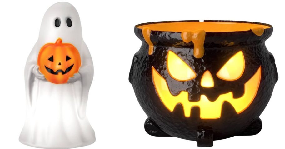 Ghost and pumpkin and cauldron