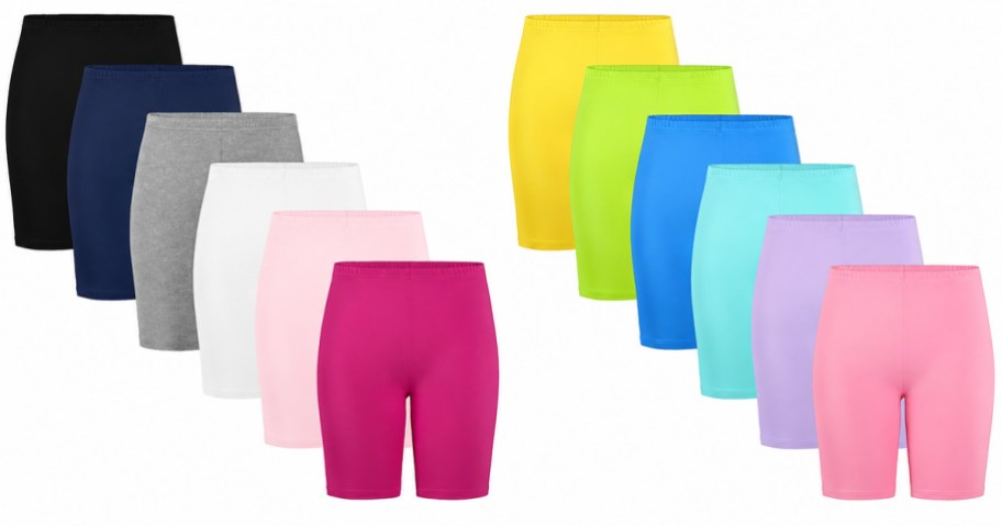 Two six-packs of girls bike shorts in neutral, pink and bright assorted colors displayed side by side.