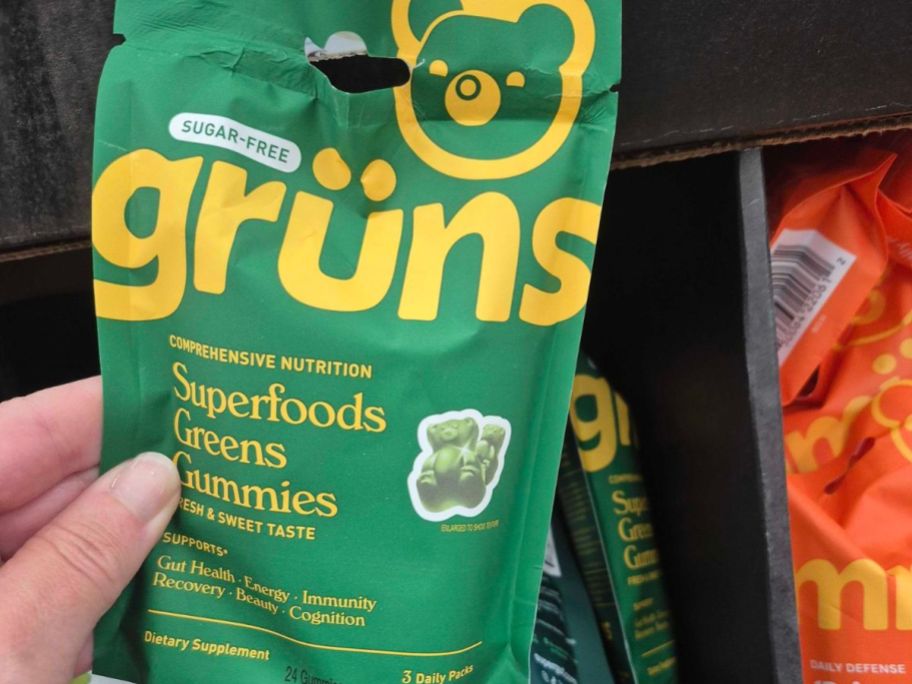 Gruns Superfood Multivitamin Greens Gummies 3-Count in hand in store