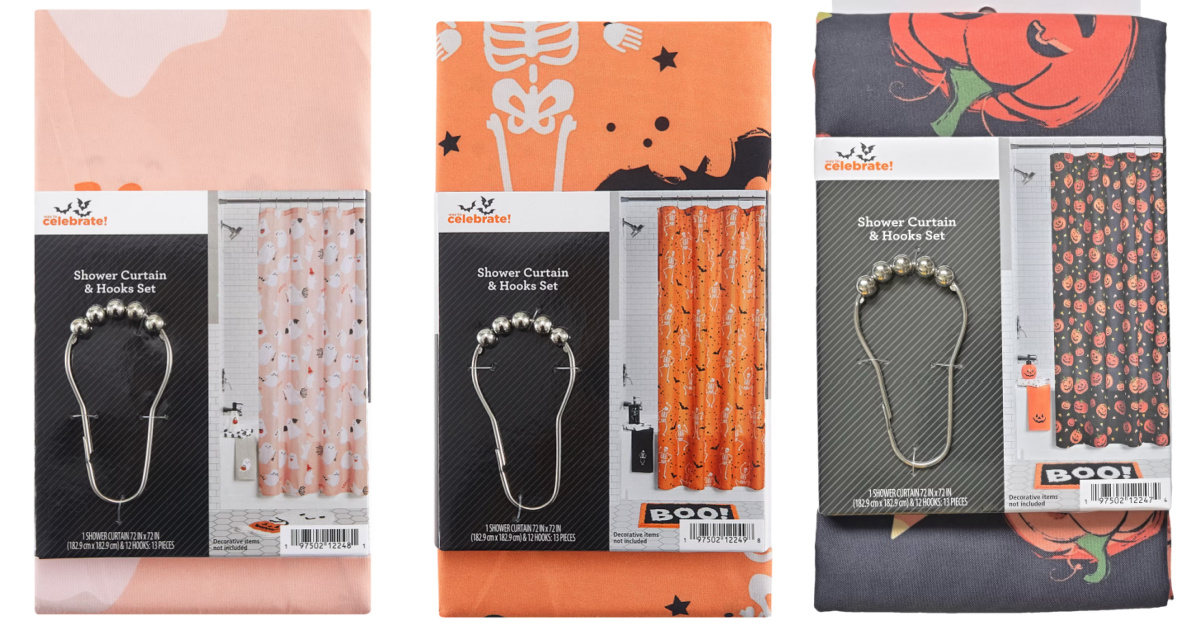 Three different Halloween themed shower curtains with 12 silver hooks