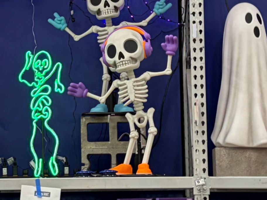 A lighted party skeleton animatronic on display at Lowes.