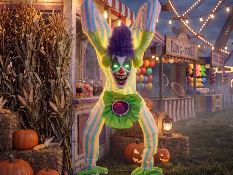 A scary clown animatronic doing a handstand in striped pastel clothing and glowing green eyes at a carnival decorated with pumpkins and corn stalks.