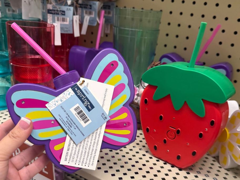 Light up figural butterfly and strawberry tumblers at Hobby Lobby