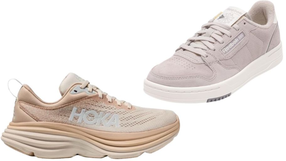 Hoka and Reebok shoes in tan and pink
