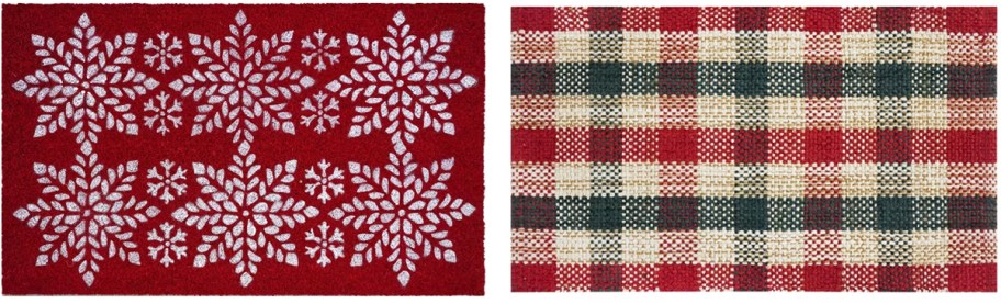 red snowflake and plaid accent rugs
