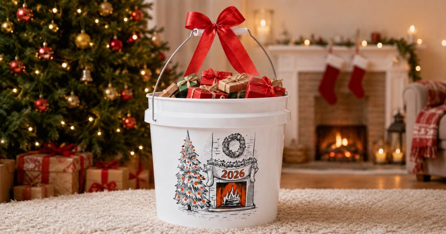 Home Depot Christmas Bucket in front a Christmas decor in living room