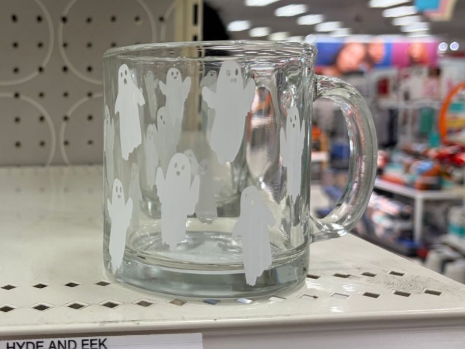 Hyde & EEK! Boutique Glass Ghost Scatter Print Mug on shelf in store