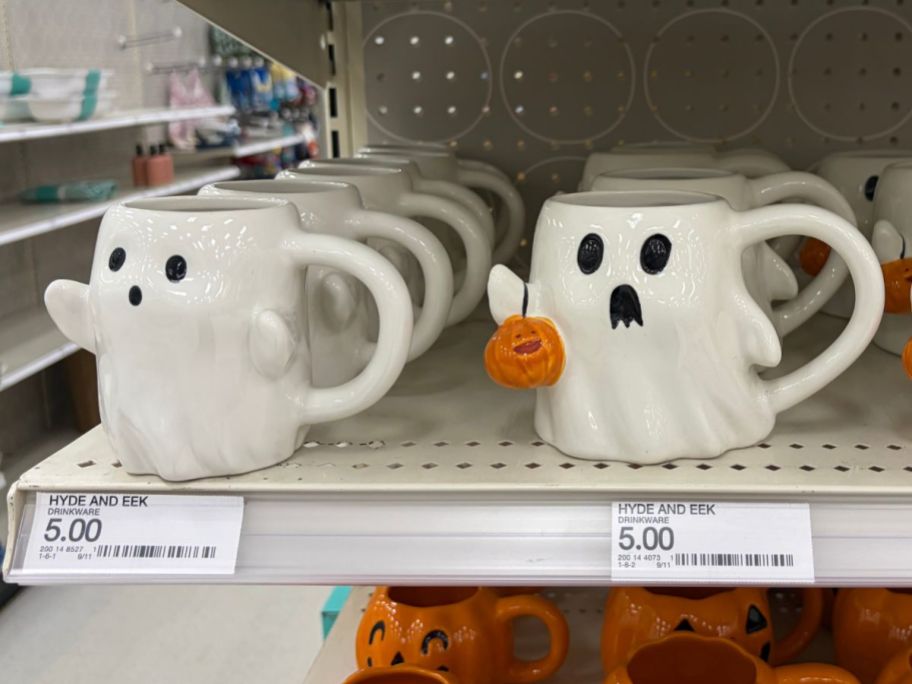 Hyde & EEK! Boutique Stoneware Mini Ghost Mug and Ghostie Figural Mugs on shelf in store