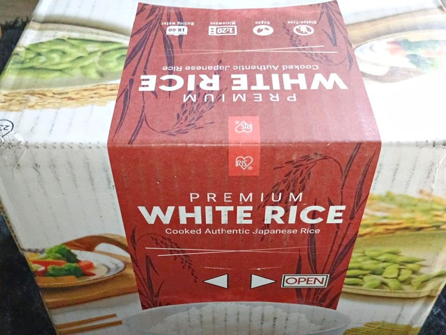 A box of IRIS Premium White Rice.