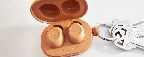JLab JBuds Mini Tones True Wireless Earbuds with keys attached on table