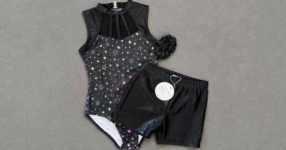 girls black leotard with shorts and scrunchie