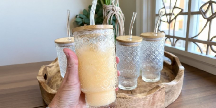 Vintage Glass Tumbler 4-Pack w/ Bamboo Lids & Straws Just $14.96 on Amazon