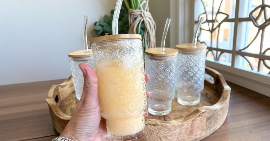 Vintage Glass Tumbler 4-Pack w/ Bamboo Lids & Straws Just $14.96 on Amazon