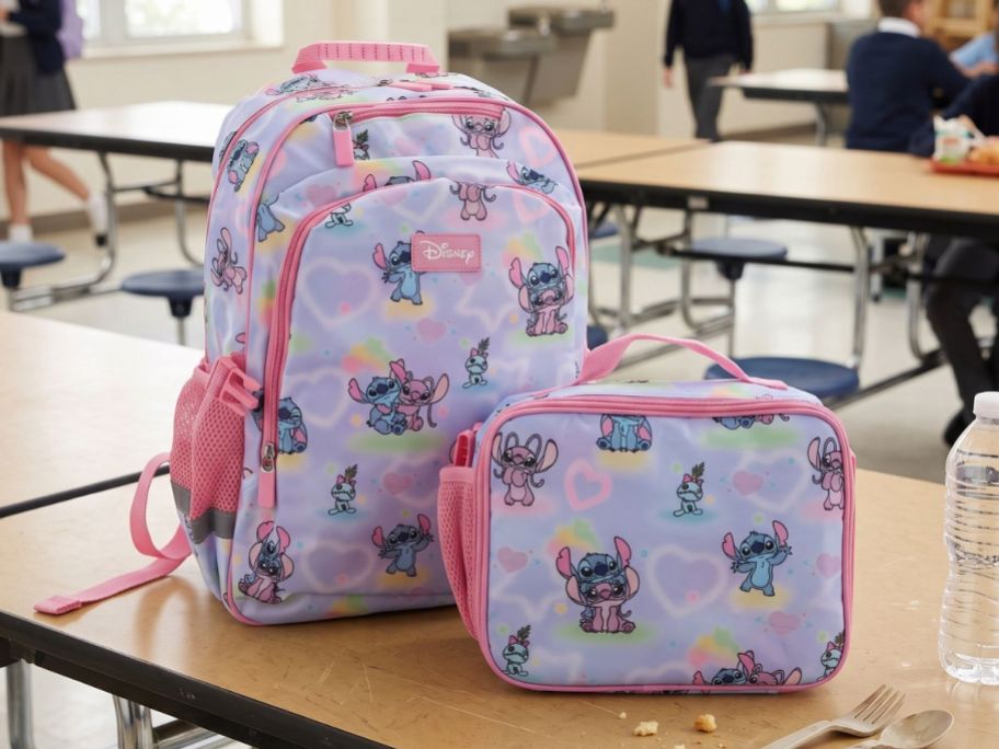 Kids Licensed 17" Backpack & Lunch Set on table in lunchroom