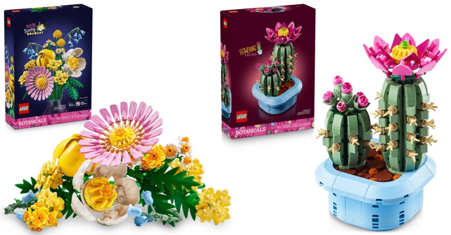 lego flower bouquet and cactus sets with their boxes