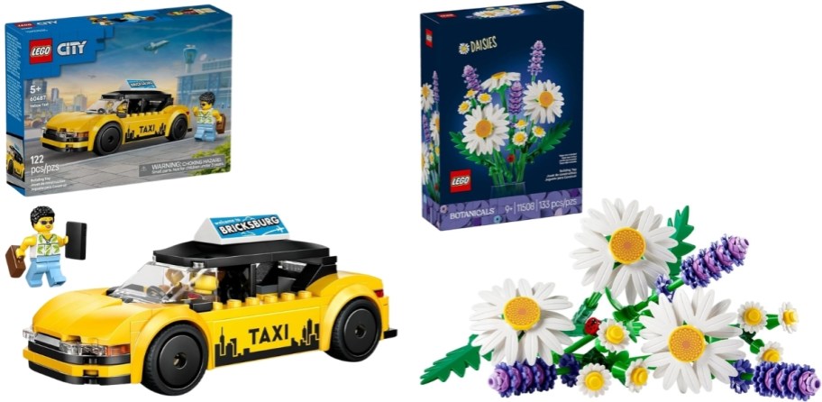 lego yellow taxi and daisies building sets