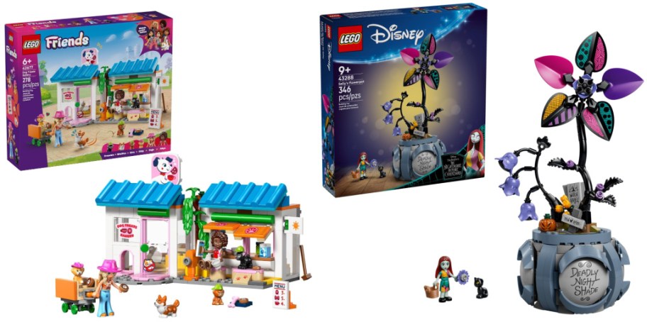 Two LEGO sets shown with their boxes and built models: a LEGO Friends Dog Treats Bakery set on the left and a LEGO Disney The Nightmare Before Christmas Sally's Flowerpot set on the right.