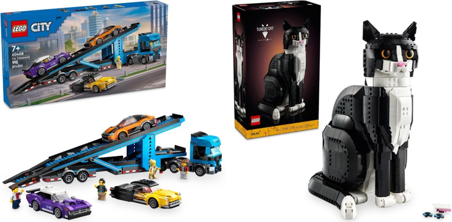 lego car transporter and tuxedo cat sets