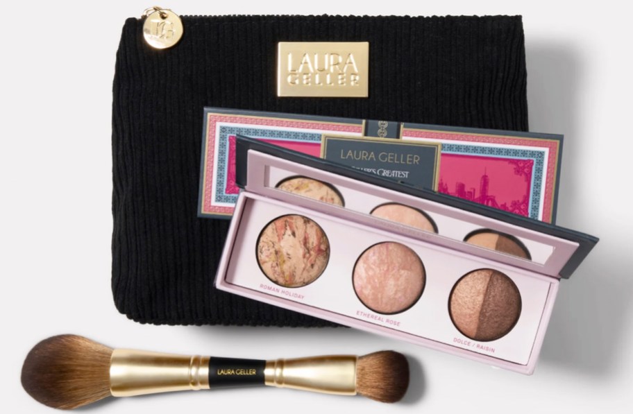 laura geller face palette, brush, and makeup bag