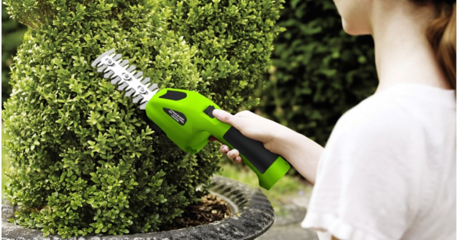 A person using a cordless green handheld grass shear and mini hedge trimmer to trim a potted bush.