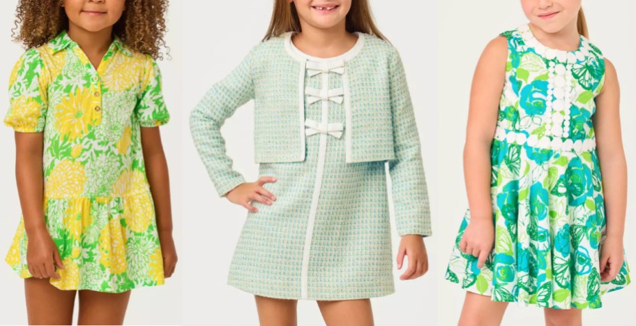 Three children's outfits displayed side by side: a green and yellow floral dress on the left, a light blue tweed dress with a matching jacket and bow details in the middle, and a green and blue floral sleeveless dress on the right.