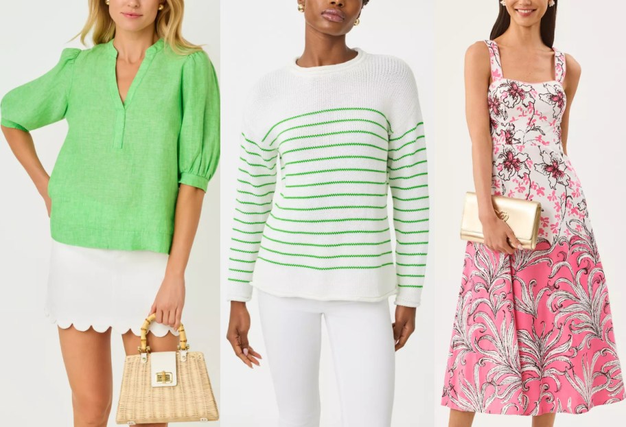 Three Lilly Pulitzer outfits displayed side by side: a green linen blouse and white scalloped skirt with a straw handbag on the left, a white sweater with green stripes and white pants in the middle, and a pink and white floral dress with a gold clutch on the right.