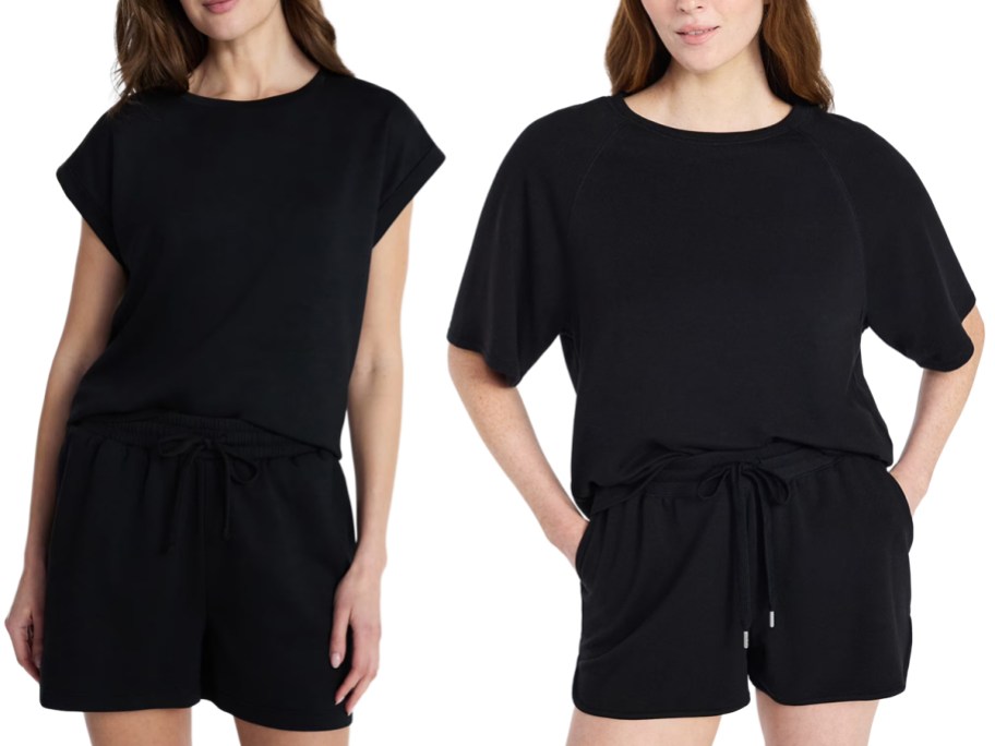 Lissome Women’s 2-Piece Scuba Knit Lounge Set and Joyspun Women’s French Terry Short Sleeve Top and Shorts Set