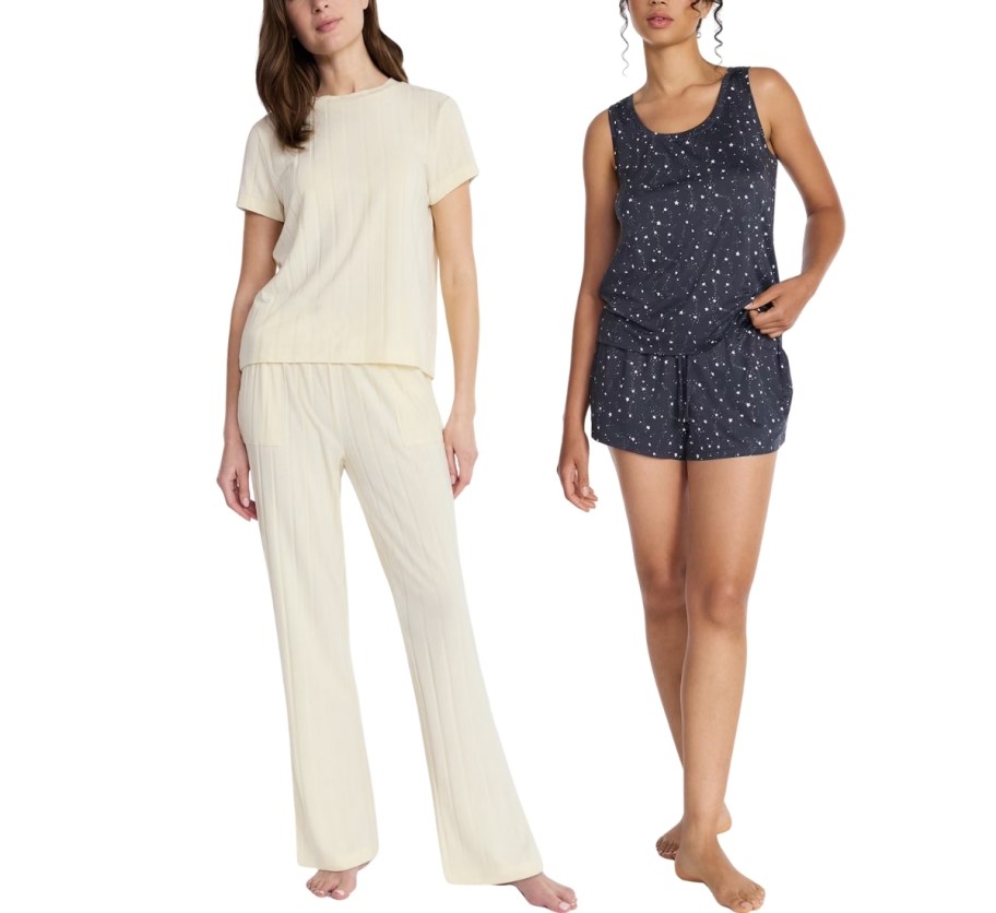 a woman in an ivory 2 piece ribbed PJ pants set and a woman in a blue tank top and shorts pj set