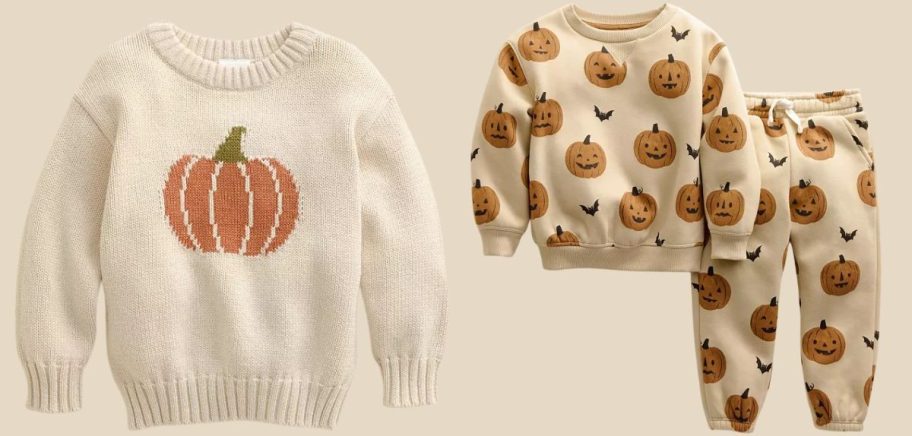 Little Co. Chunky Knit Sweater and 2-Piece Halloween Sweatshirt & Pants Set