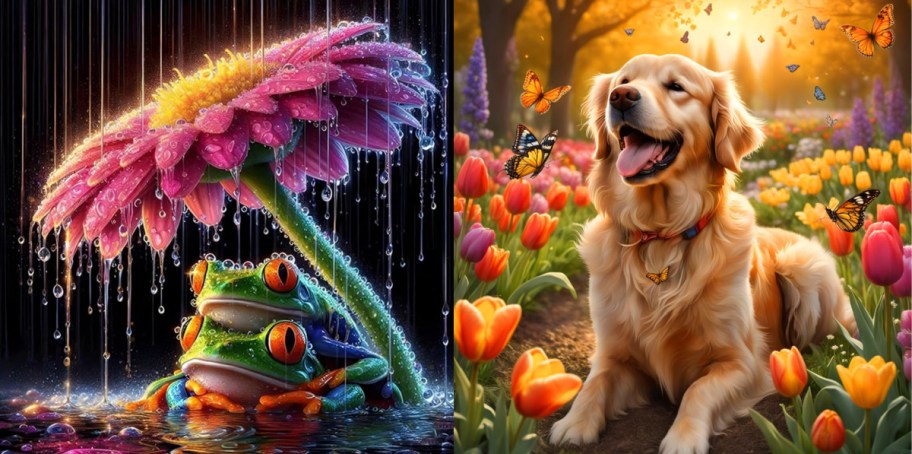 Two diamond painting designs: one showing two frogs sheltering under a large pink flower in the rain, and the other featuring a golden retriever lying in a field of colorful tulips surrounded by butterflies.
