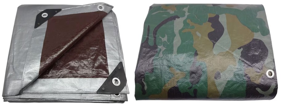silver and camo print tarps