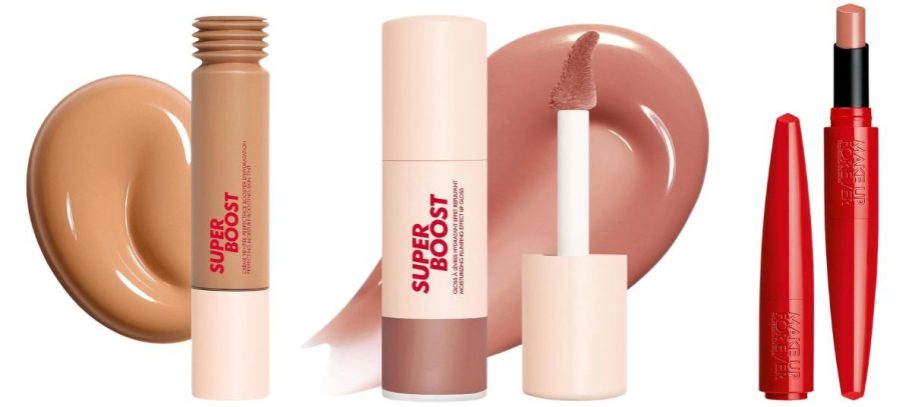 MAKE UP FOR EVER skin tint, lip gloss, and lipstick