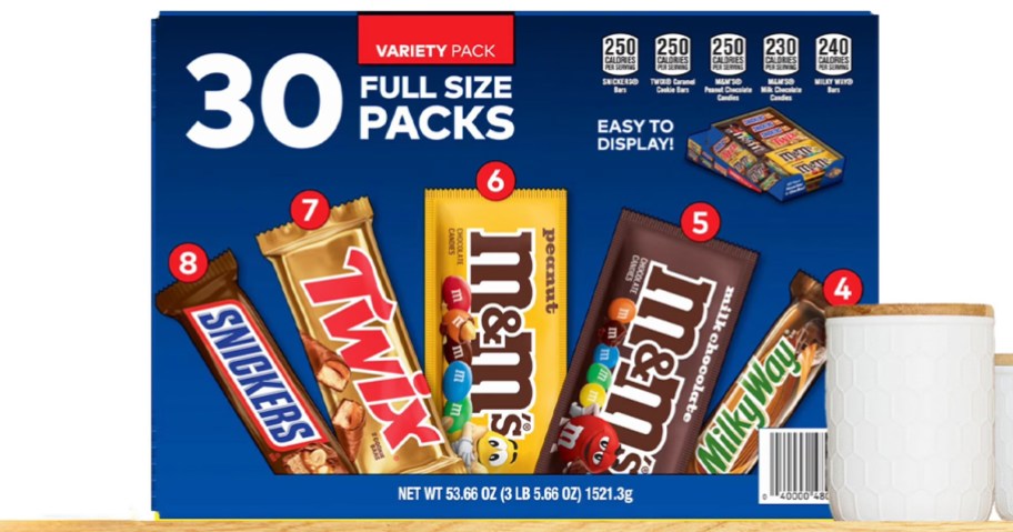 chocolate bar variety pack box on a wood shelf