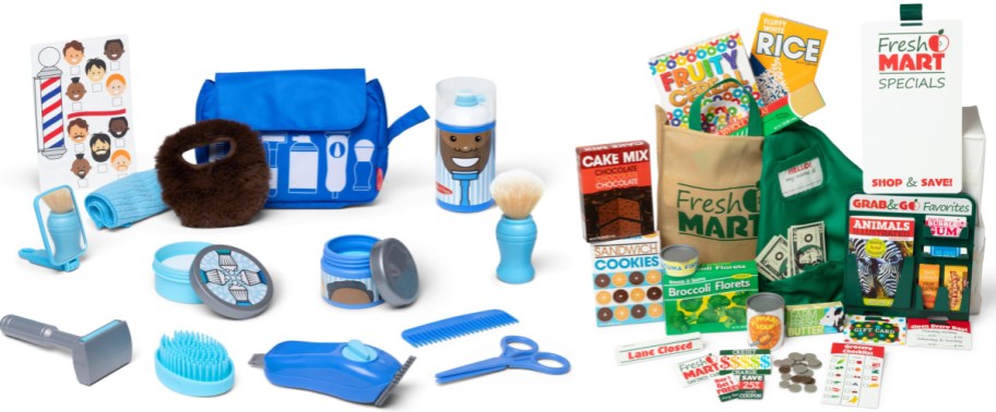 Melissa & Doug pretend play sets including a barber and shaving kit with blue grooming tools on the left, and a Fresh Mart grocery store play set with toy food, grocery bags, and play money on the right.