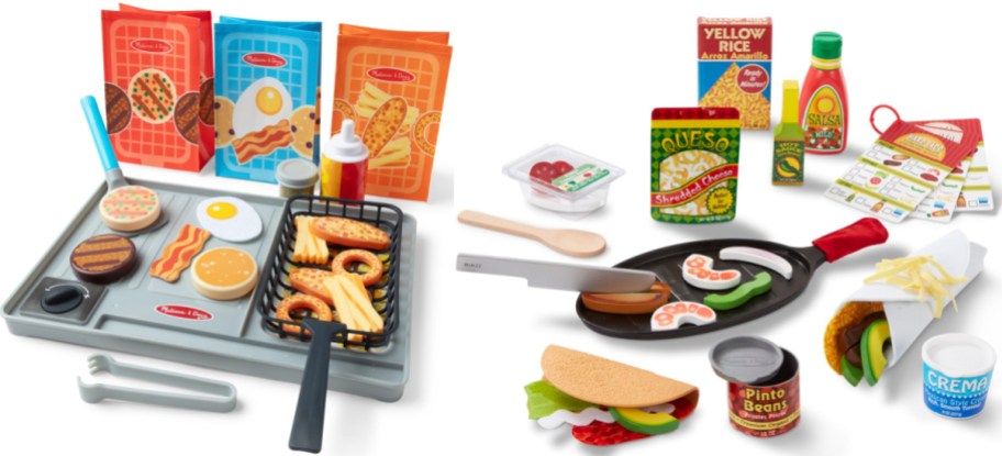 Melissa & Doug pretend play sets including a toy grill and fryer with play food and paper bags on the left, and a taco and Mexican food play set with a skillet, toy ingredients, and condiments on the right.