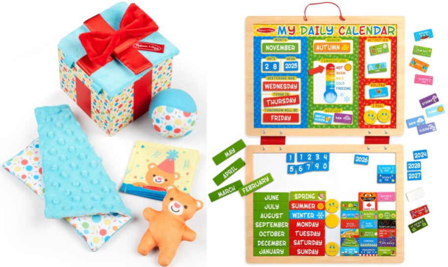 Melissa & Doug toys including a soft baby gift box set with a blanket, ball, book, and teddy bear on the left, and an interactive wooden daily calendar board with magnetic pieces on the right.