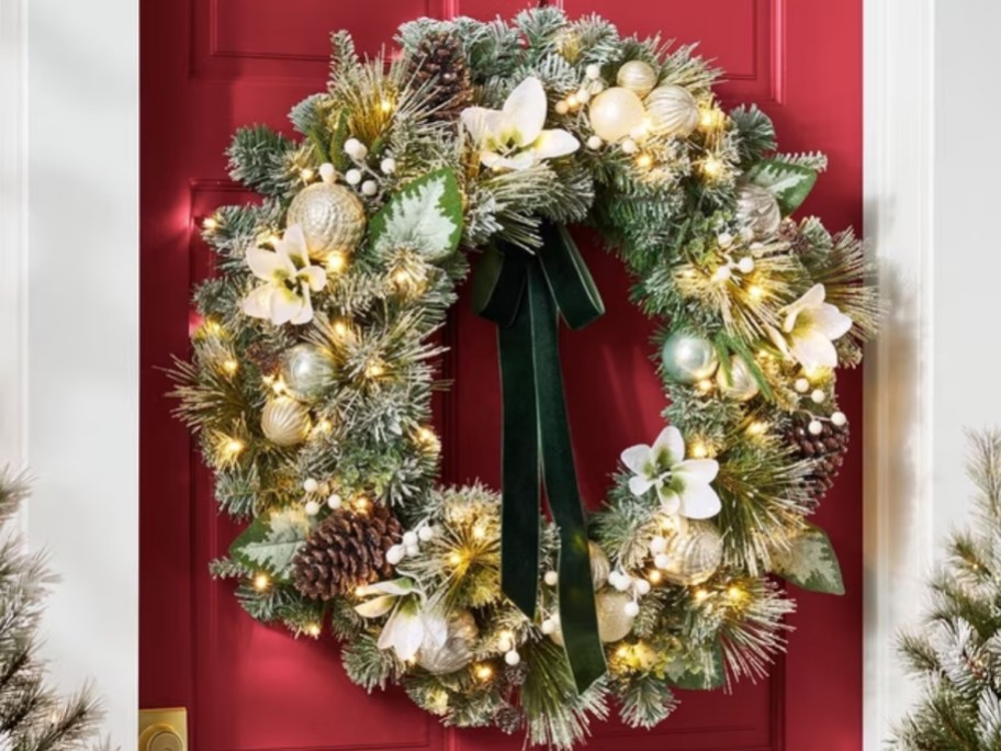prelit wreath on a door