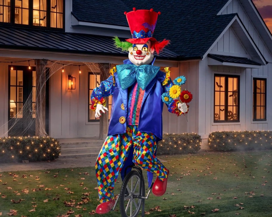 halloween clown on a unicycle decoration in front yard