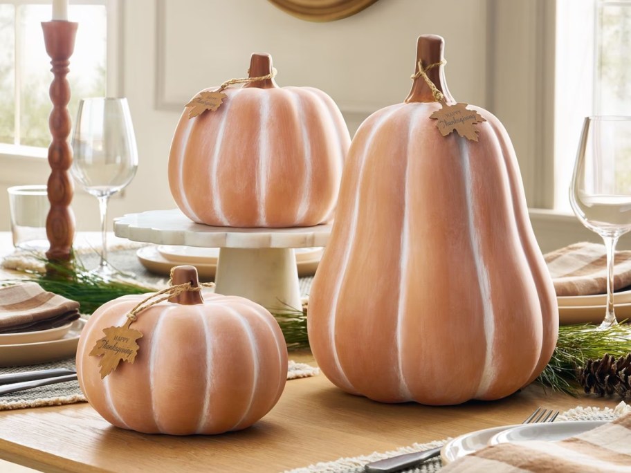 three terracotta decorative pumpkins in different sizes on table decorated for dinner