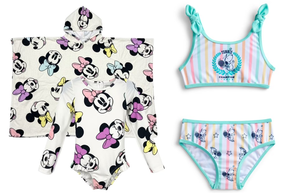 Minnie Mouse or Moana Toddler Girls Swimsuit and Coverup Set and Character Toddler Girl Snoopy 2-Piece Swimsuit