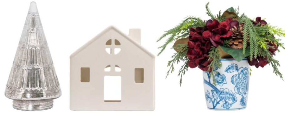 My Texas House 8.5 Glass Tree Christmas Decoration, Ceramic House Christmas Decoration, and Christmas Arrangement in Ceramic Pot