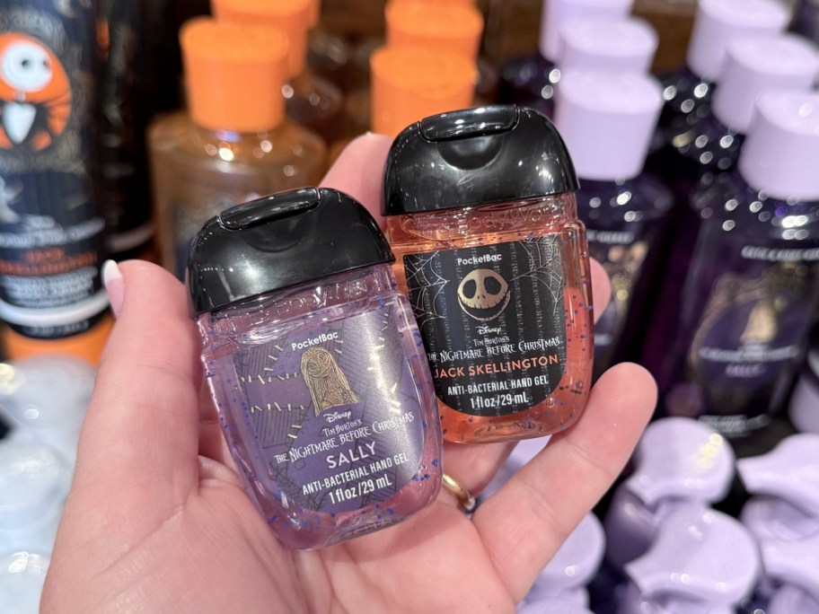 person holding nightmare before christmas Bath & Body Works Sally & Jack PocketBac Hand Sanitizers