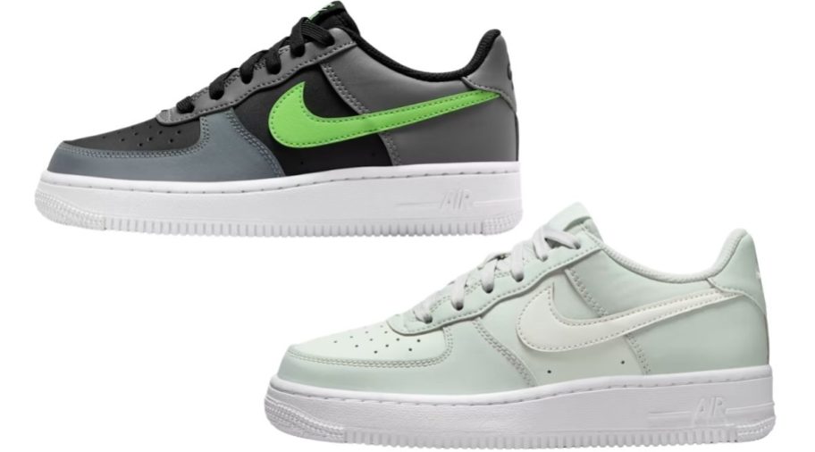 kids nike air force 1's in black gray and green and mint green