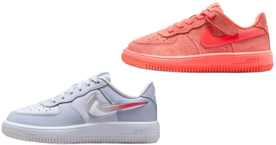 Stock images of two Nike Air Force 1 Little kids shoes
