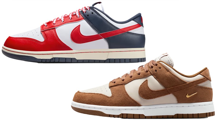 red/white/blue and brown suede nike sneakers
