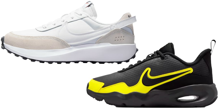 white/tan and black/yellow nike shoes