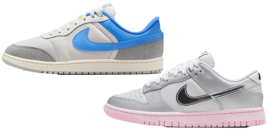 white/grey/blue and silver/pink nike sneakers