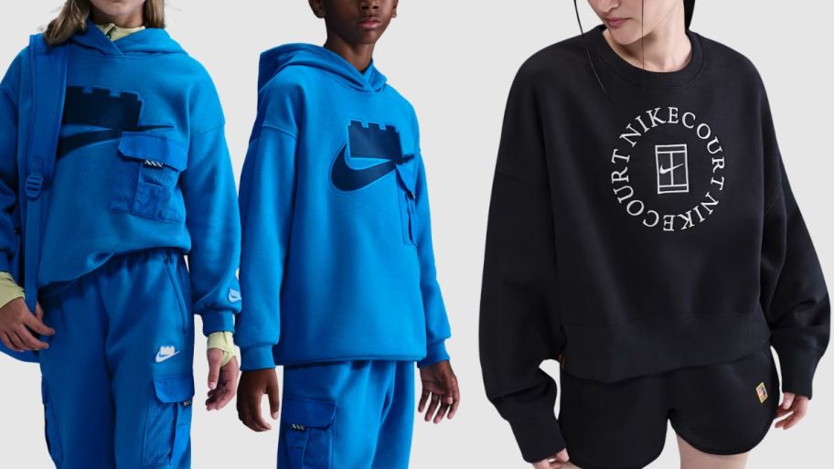 Nike kids in blue and woman's sweater in black